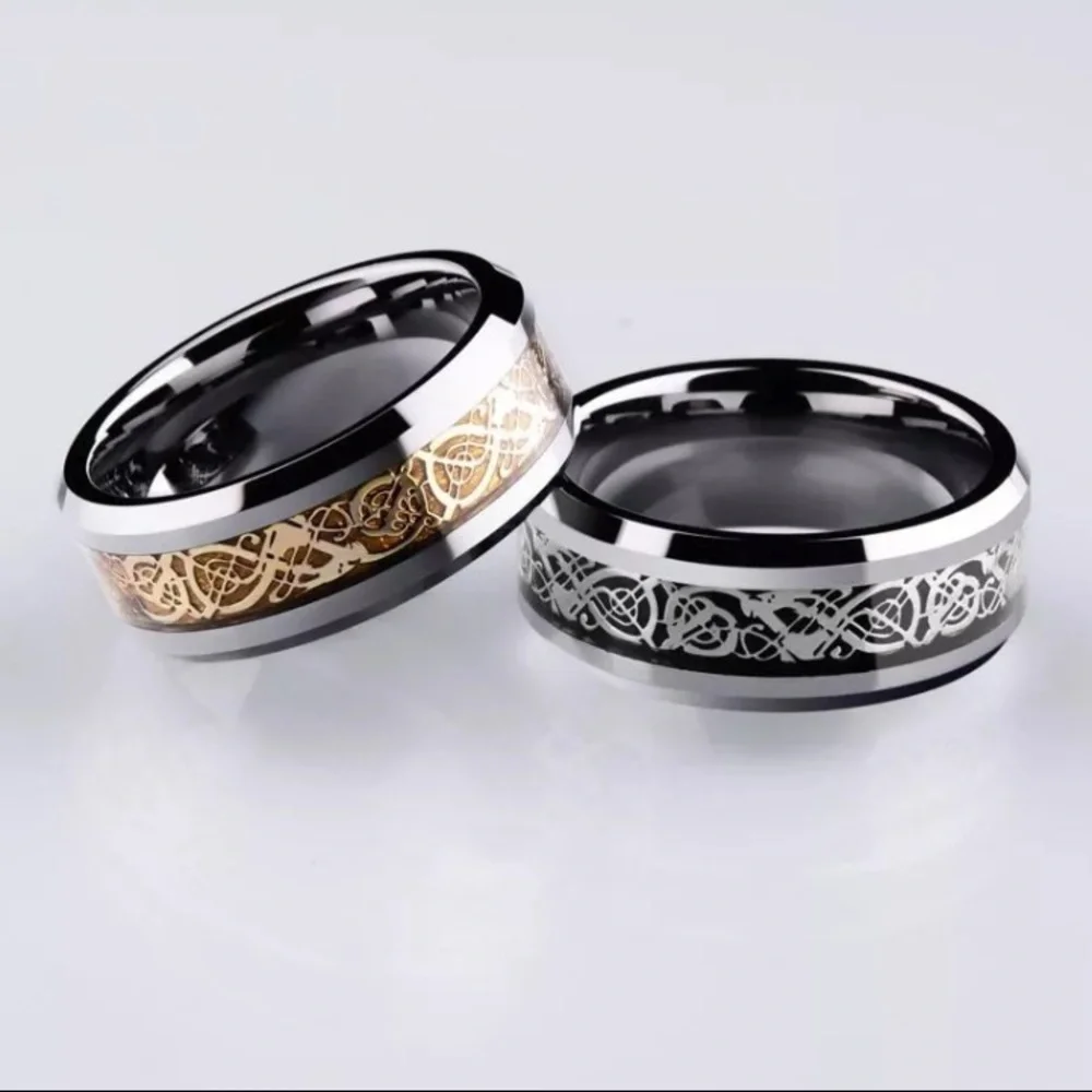 Silver Tungsten Black Dragon Carbon Fiber Inlay 8mm Wide Beveled Edge Band Ring